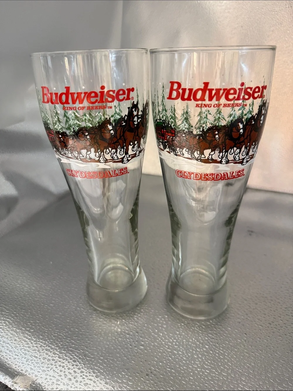 Vintage Budweiser Pilsner Glasses with Red Logo and Brown Clydesdales - Set of 2